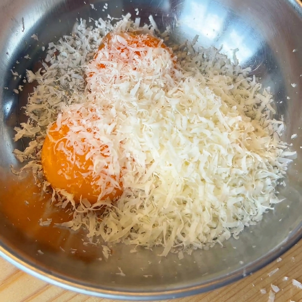 Dos yemas de huevo en un bol cubiertas con queso recién rallado.