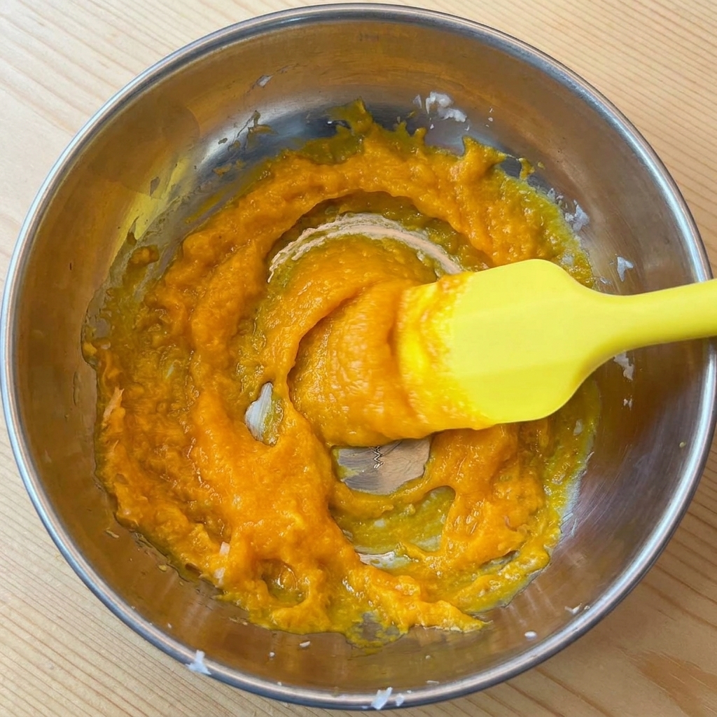 Una pasta espesa de huevo y queso de color amarillo dorado siendo mezclada en un bol metálico con una espátula.