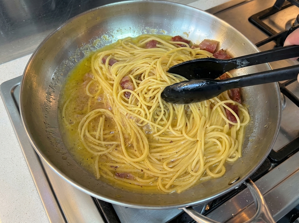 Espaguetis siendo mezclados en una sartén de acero inoxidable con trozos de carne y una base líquida dorada y sabrosa.
