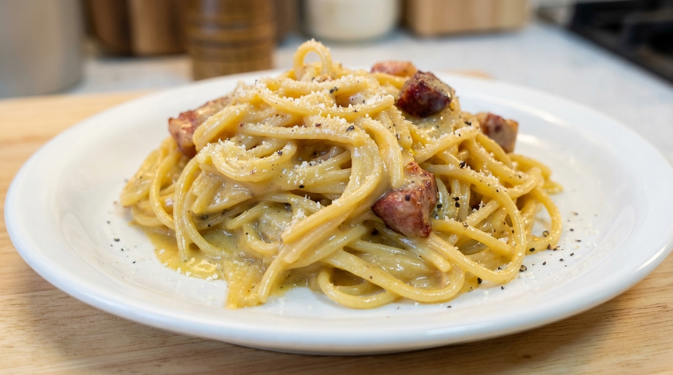 Un plato clásico de espaguetis a la carbonara con una salsa cremosa de huevo, trozos de embutido curado y queso recién rallado.