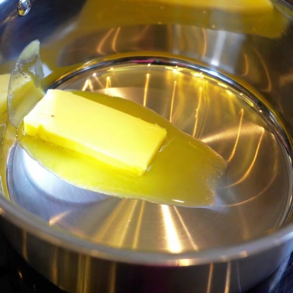 Un trozo de mantequilla derritiéndose en una olla de acero inoxidable con harina siendo mezclada para crear un roux.