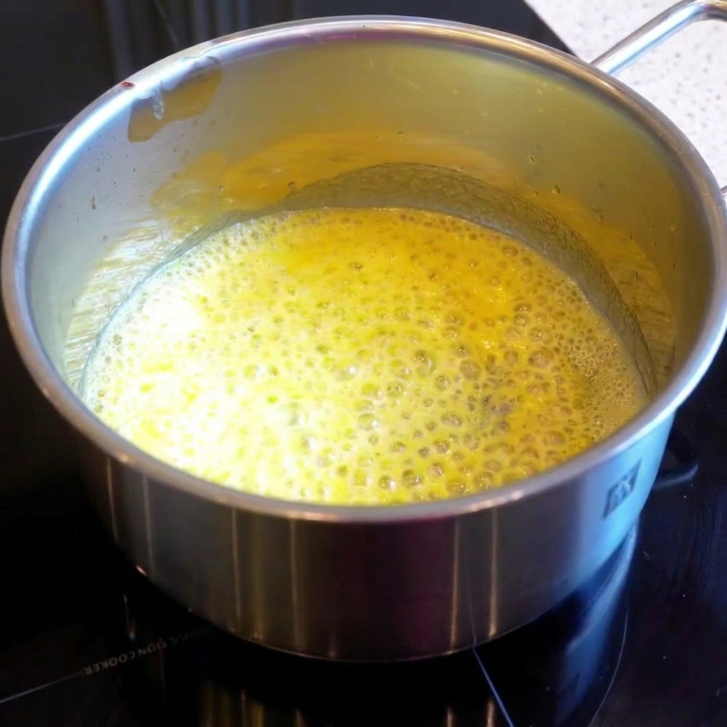 Nata para cocinar y leche siendo batidas dentro de un roux en una olla sobre la cocina.
