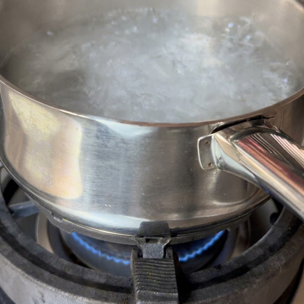 Fideos de espagueti sumergidos en una olla con agua hirviendo, siendo removidos con palillos.