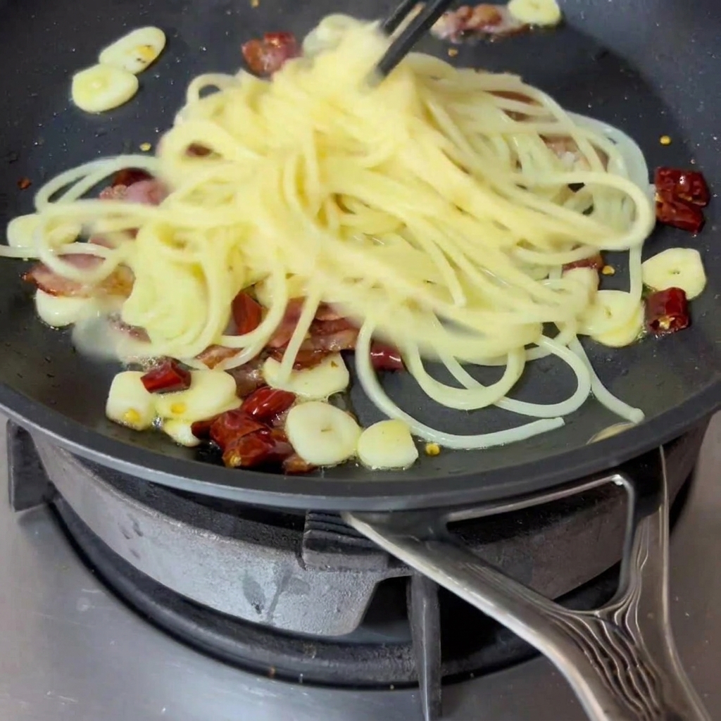 Espaguetis cocidos siendo transferidos con palillos desde la olla a la sartén con el tocino.