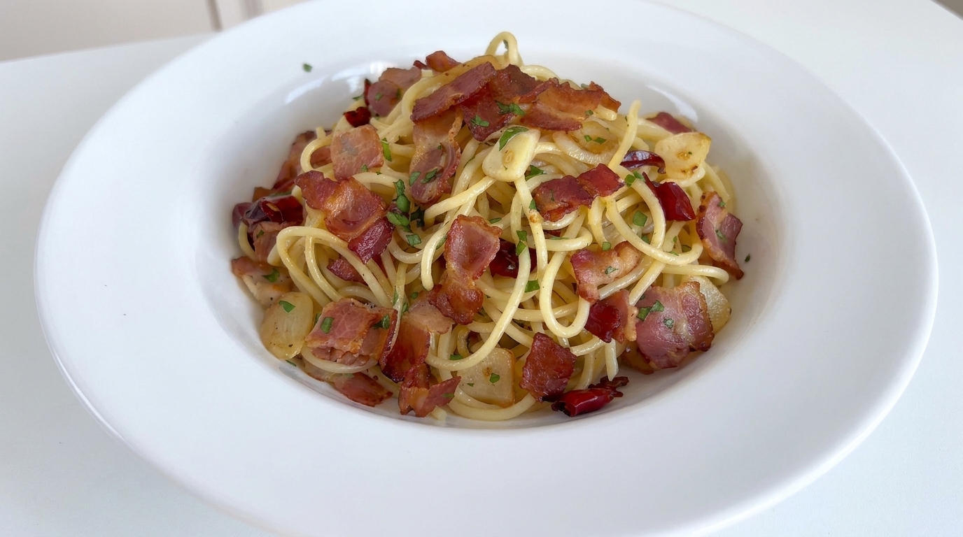 Espaguetis clásicos con ajo y tocino (Spaghetti Aglio, Olio e Peperoncino con tocino)