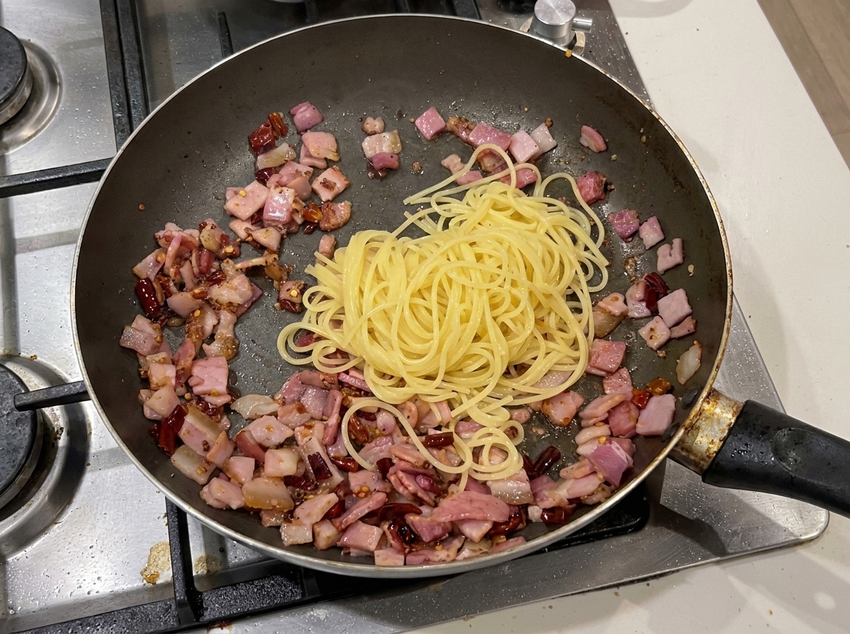 Fideos de espagueti sobre tocino picado y chiles secos en la sartén antes de mezclarlos.