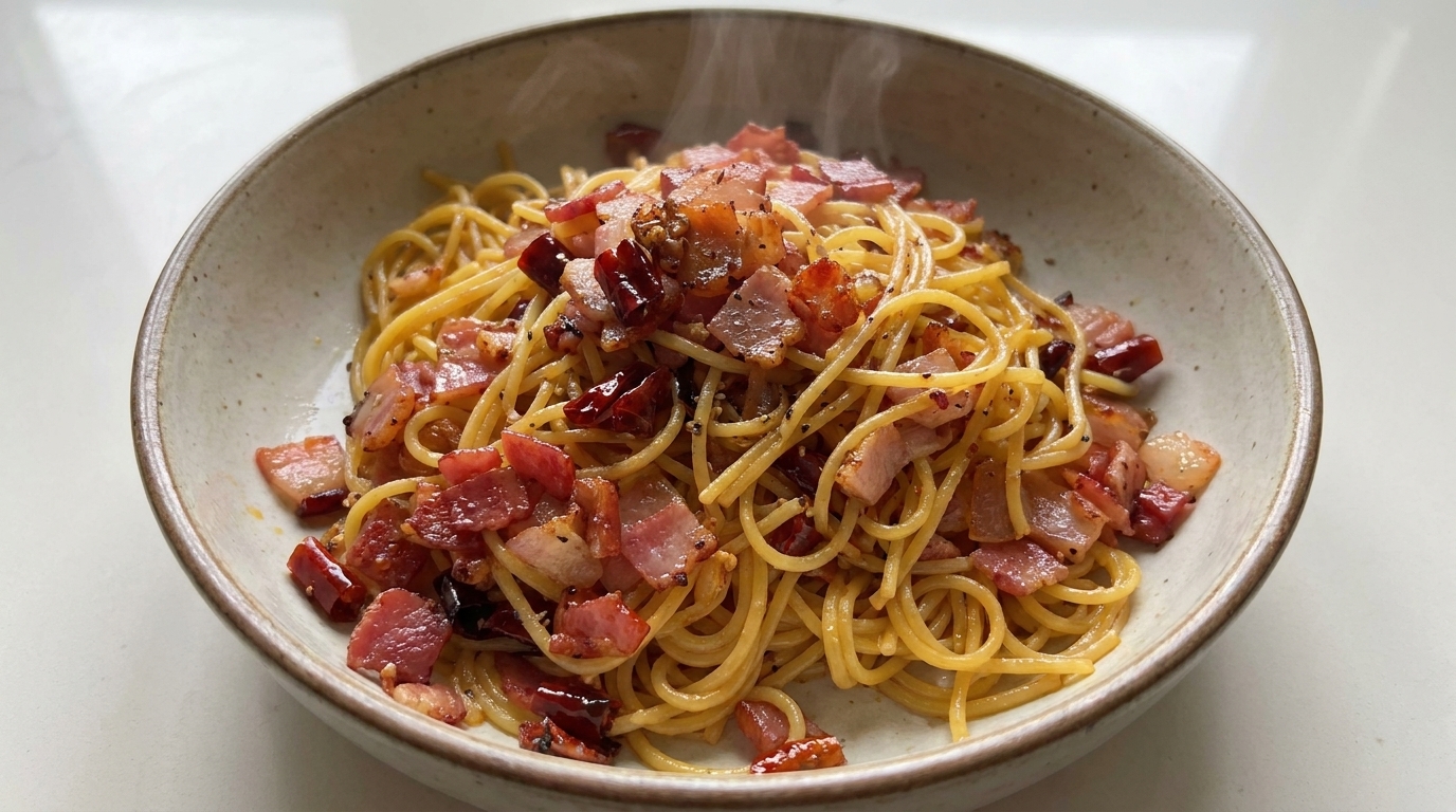 Un plato de pasta con tocino, ajo tostado y hojuelas de chile seco.
