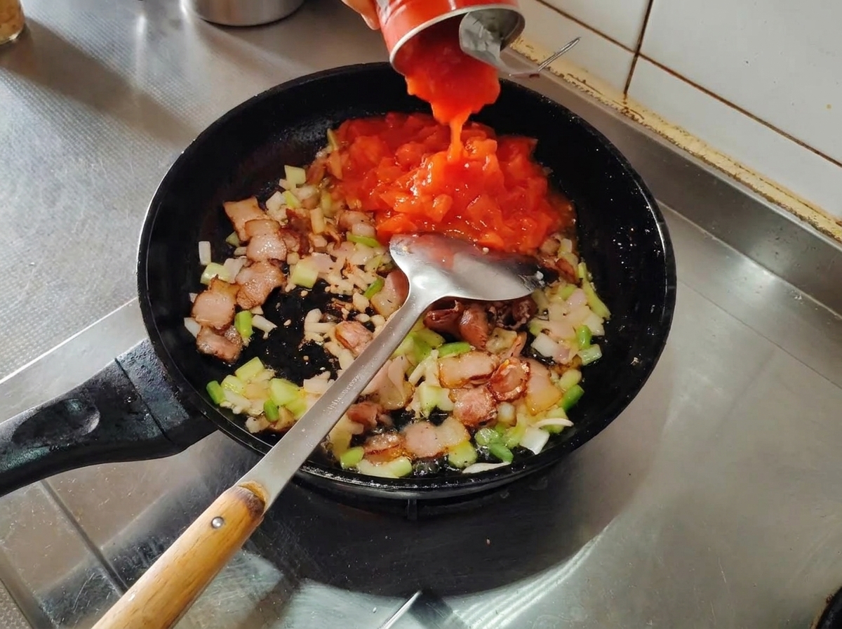 Tomates troceados de lata siendo vertidos en una sartén que contiene bacon, chalotas y apio.