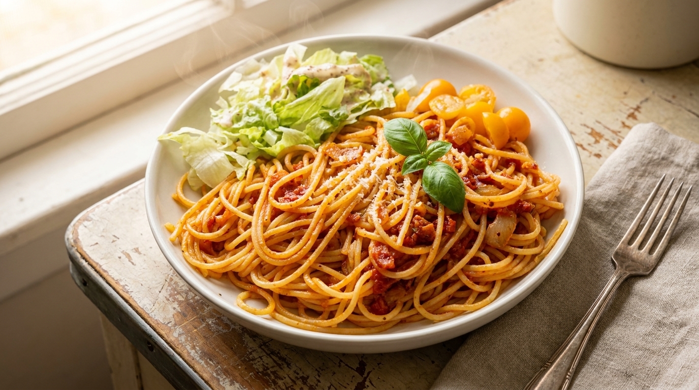 Spaguetti Clásico con Tomate y Bacon