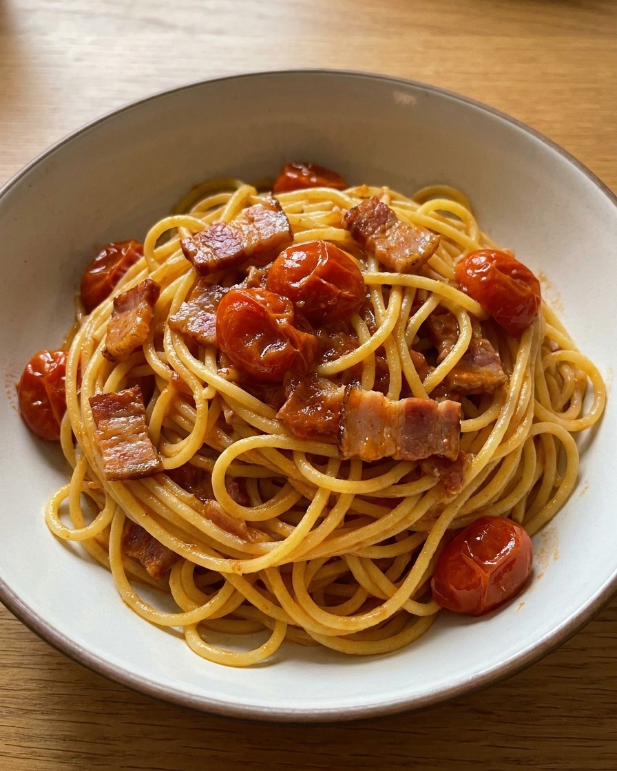 Espaguetis siendo mezclados en una sartén con tocino y tomates cherry, cubiertos en una rica salsa brillante.