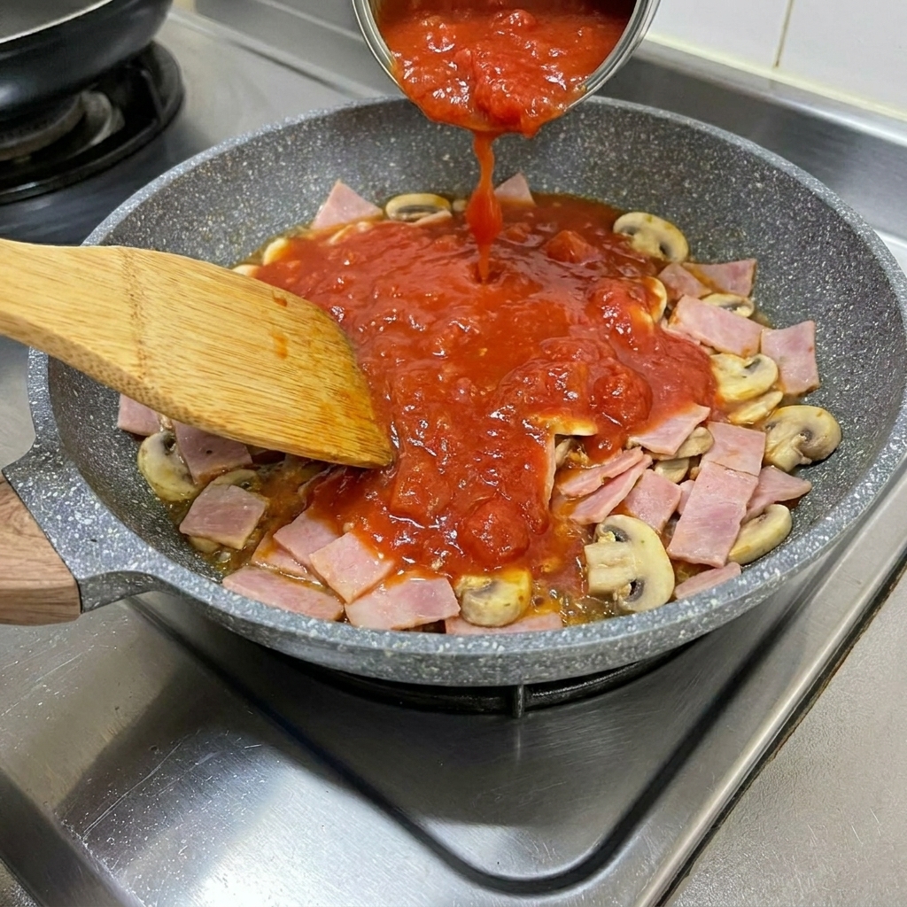 Tomate triturado siendo vertido en una sartén con beicon y ajo.