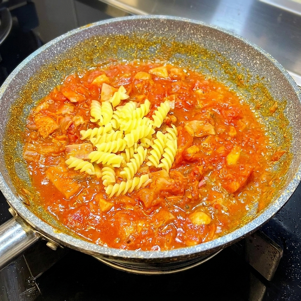 Fusilli cocido siendo mezclado en una rica salsa de tomate y beicon.