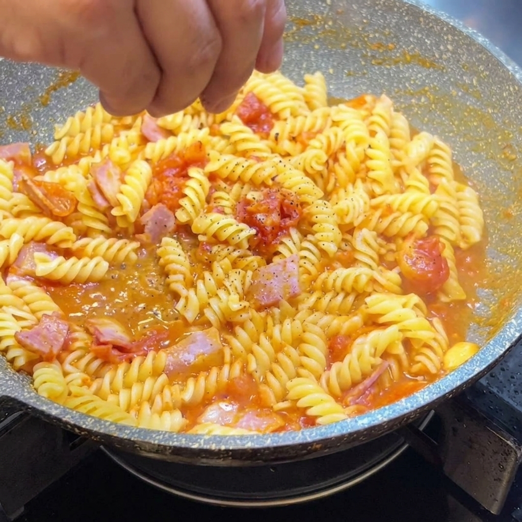 Sartén llena de fusilli, beicon y salsa de tomate siendo sazonada con pimienta negra recién molida.