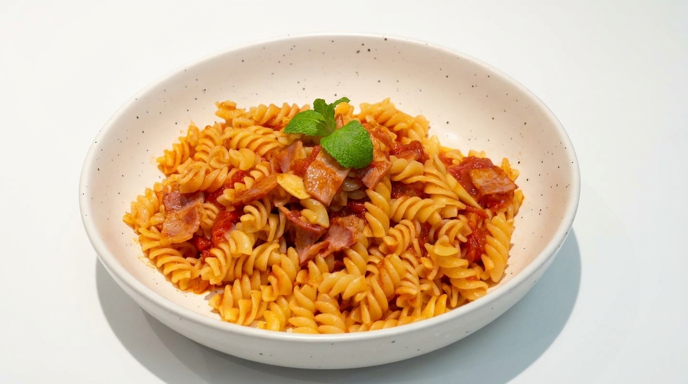 Un plato de fusilli con tomate y beicon decorado con una hoja de menta fresca.