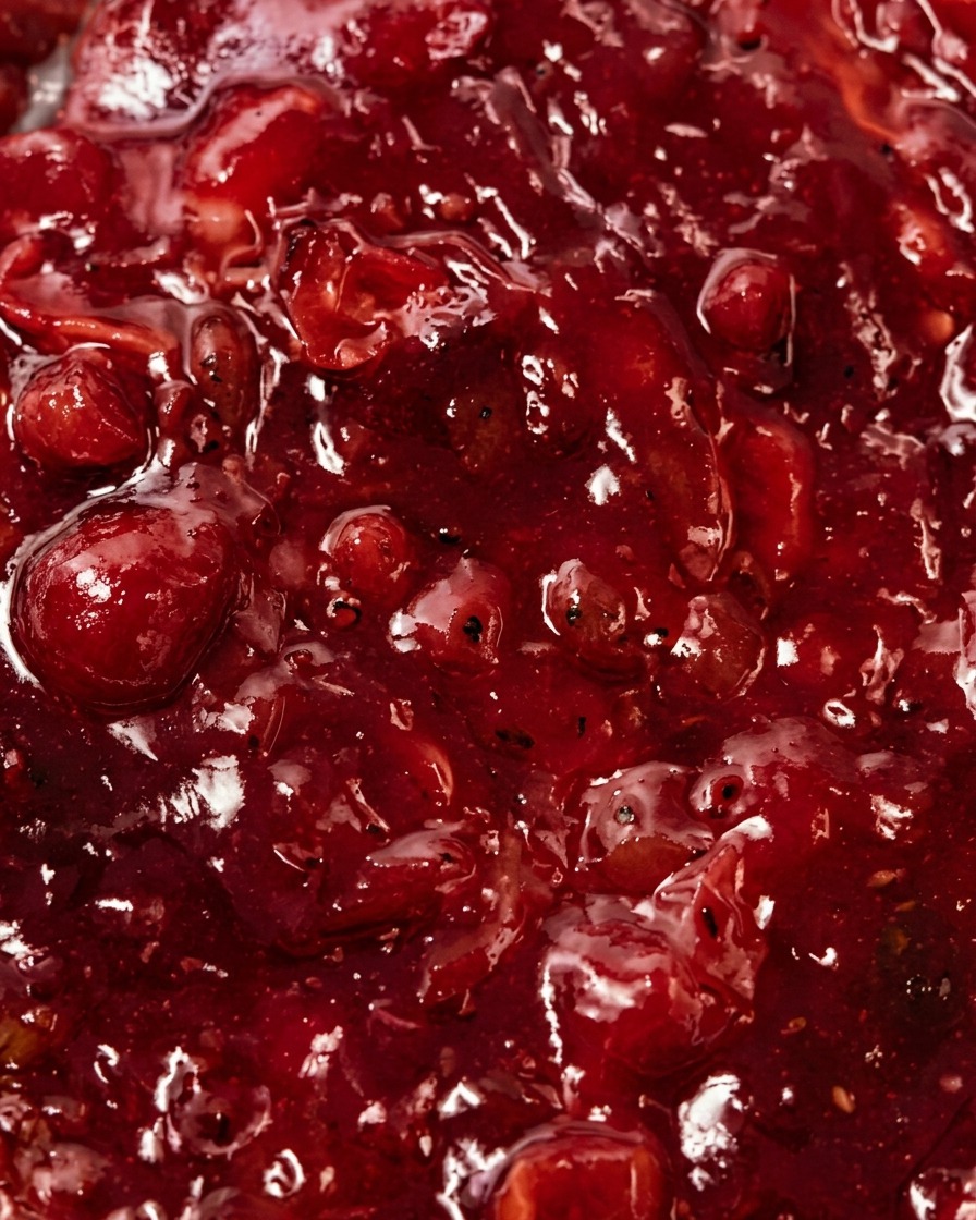 Primer plano de los condimentos siendo espolvoreados desde arriba en una sartén con salsa de tomate y tocino a fuego lento.