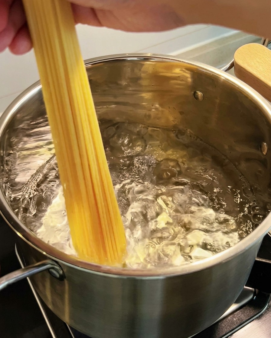 Espaguetis sumergiéndose en una olla con agua hirviendo.