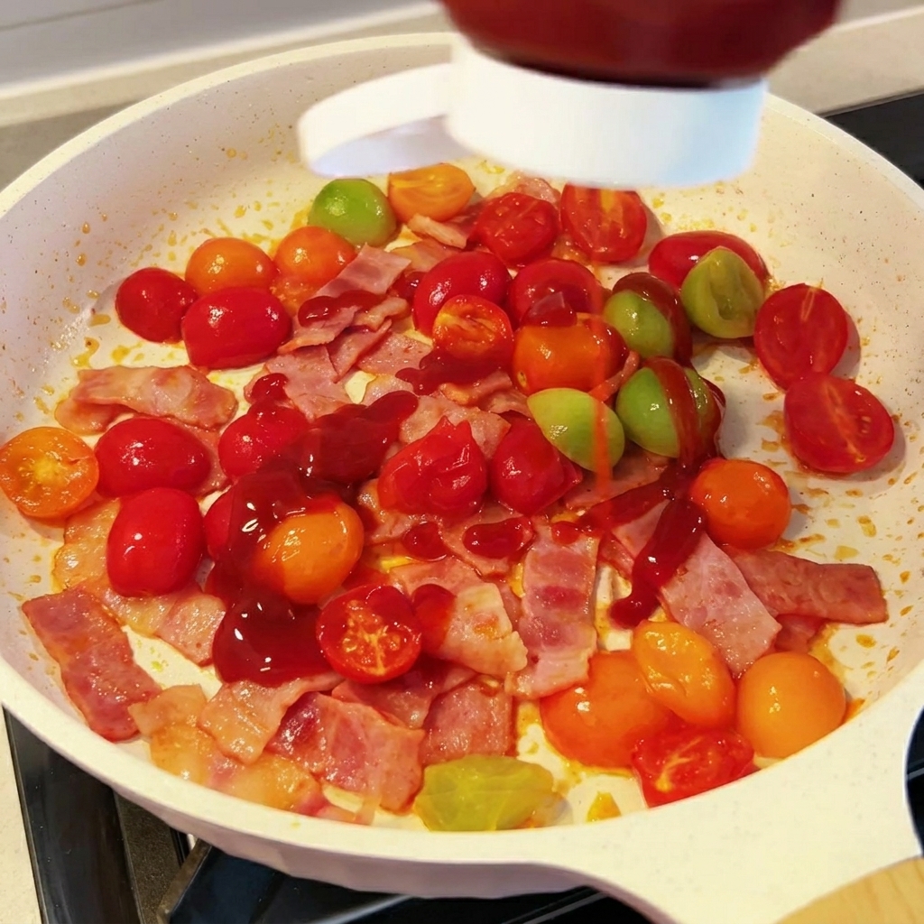 Salsa de tomate siendo vertida sobre el bacon y los tomates en la sartén.