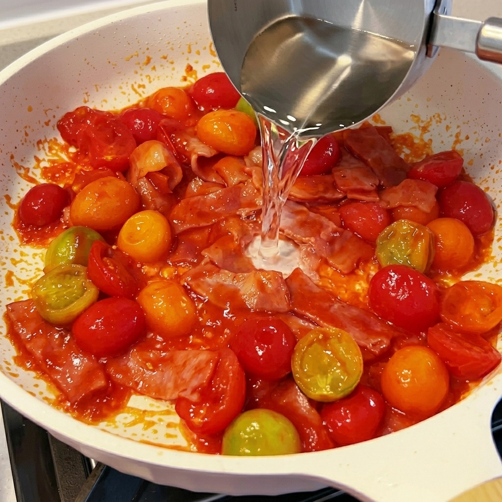 Agua siendo vertida en la sartén con el bacon y los tomates cocinados.