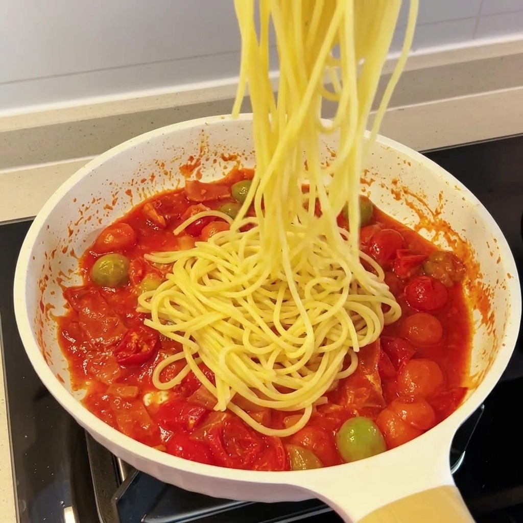 Espaguetis cocidos siendo mezclados con la salsa cremosa de tomate y bacon.