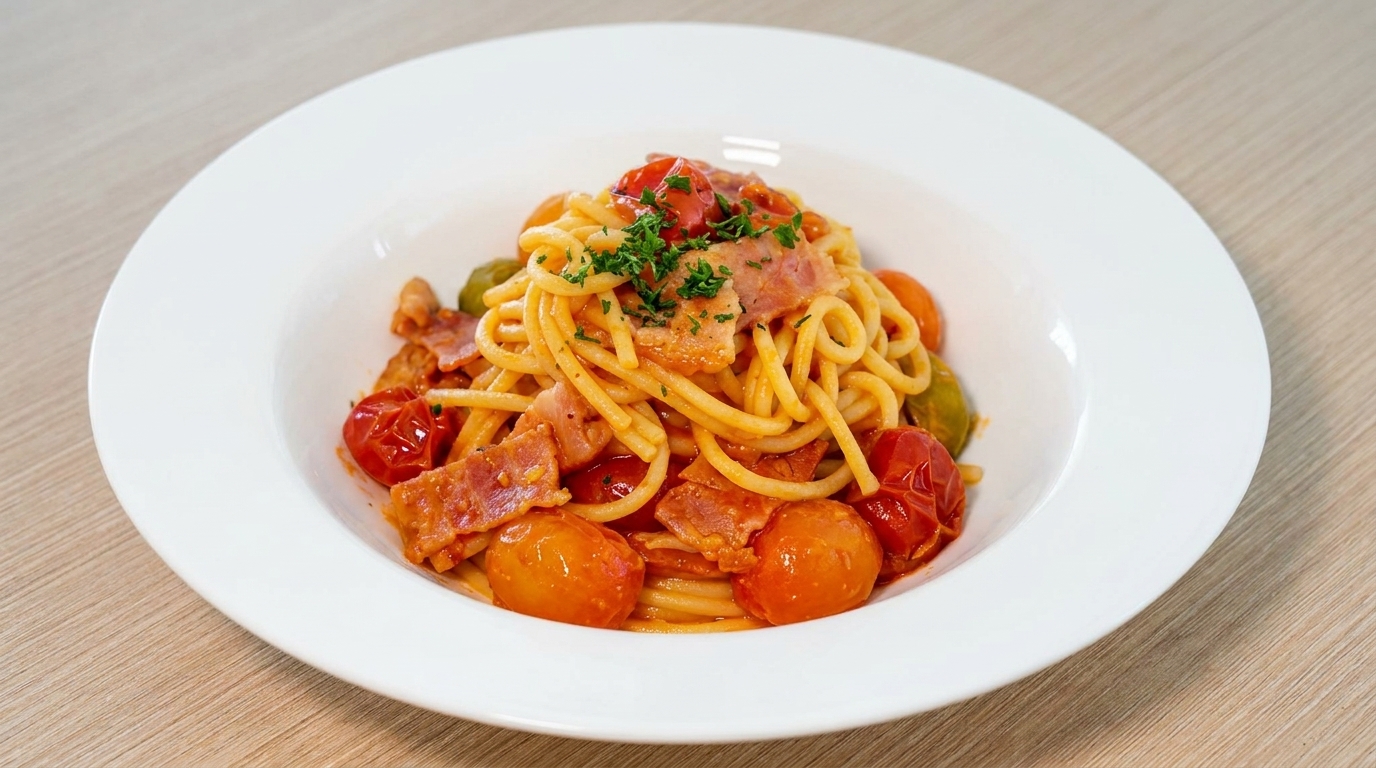 Pasta con Tomates Cherry, Bacon y Queso Fundido