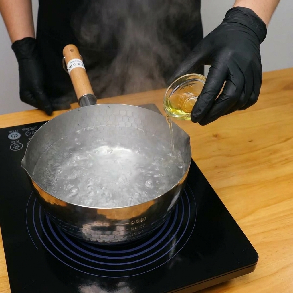 Pasta penne seca siendo añadida a una olla con agua hirviendo.
