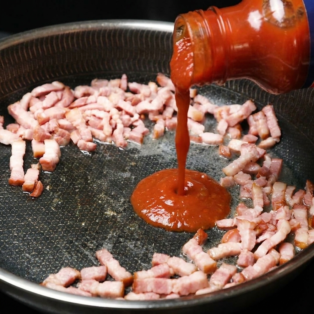 Salsa de tomate y vegetales siendo vertida en la sartén con el bacon cocinado.