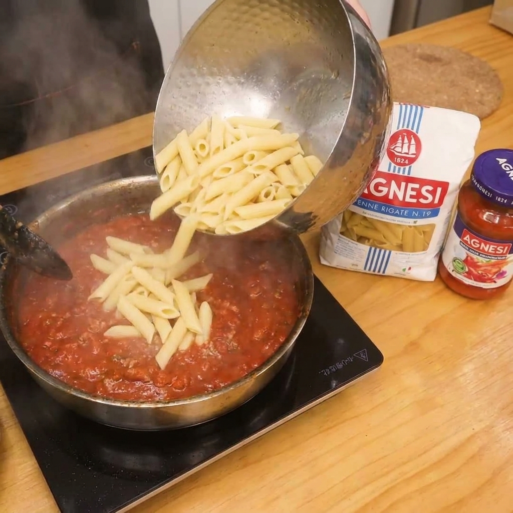 Pasta penne siendo añadida a la salsa de tomate y bacon en la sartén para la mezcla final.