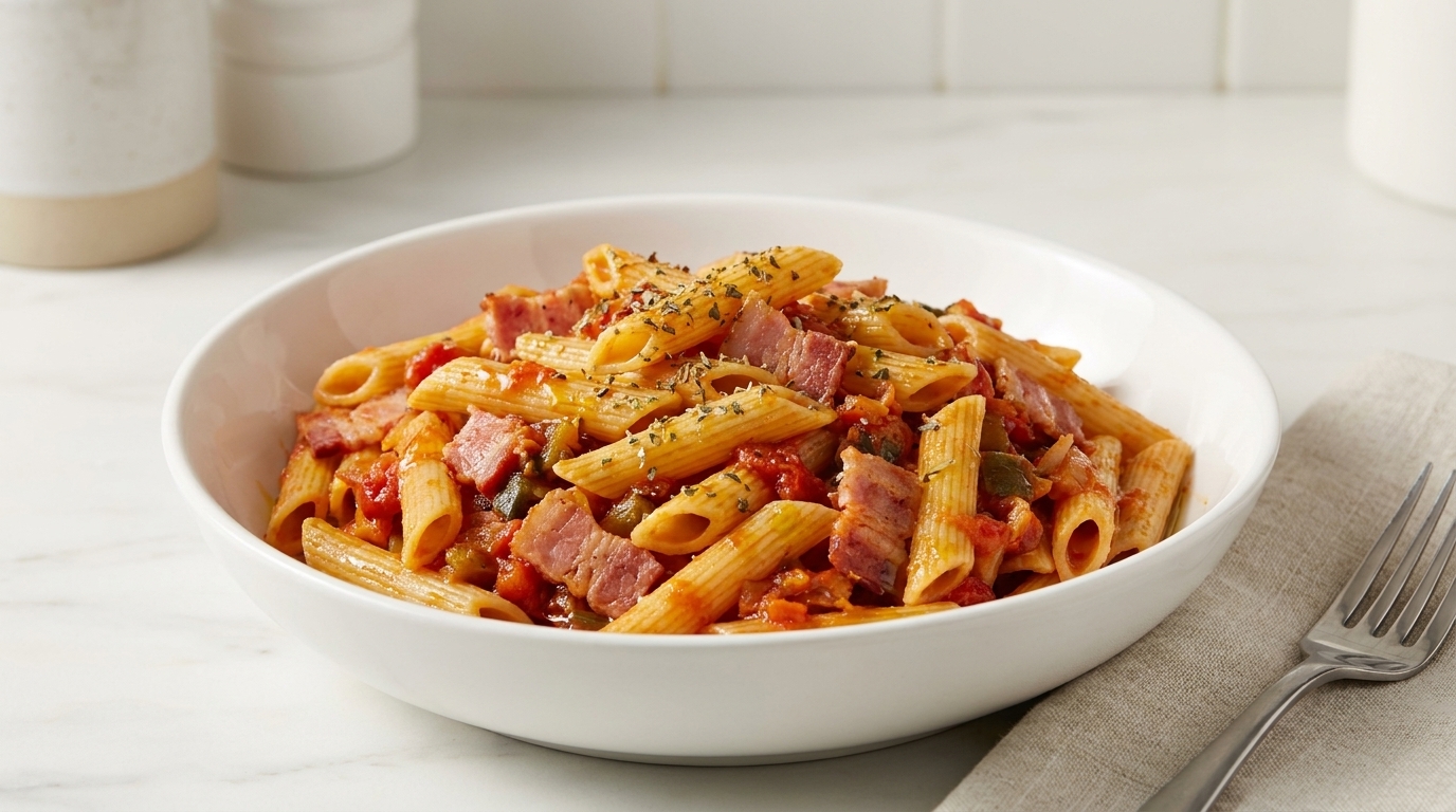 Pasta Penne con Bacon y Vegetales