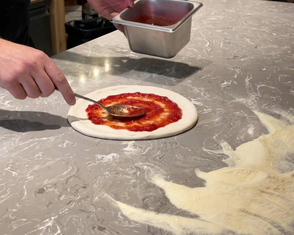 Una cuchara de metal extendiendo salsa de tomate roja con movimientos circulares sobre una masa de pizza cruda.