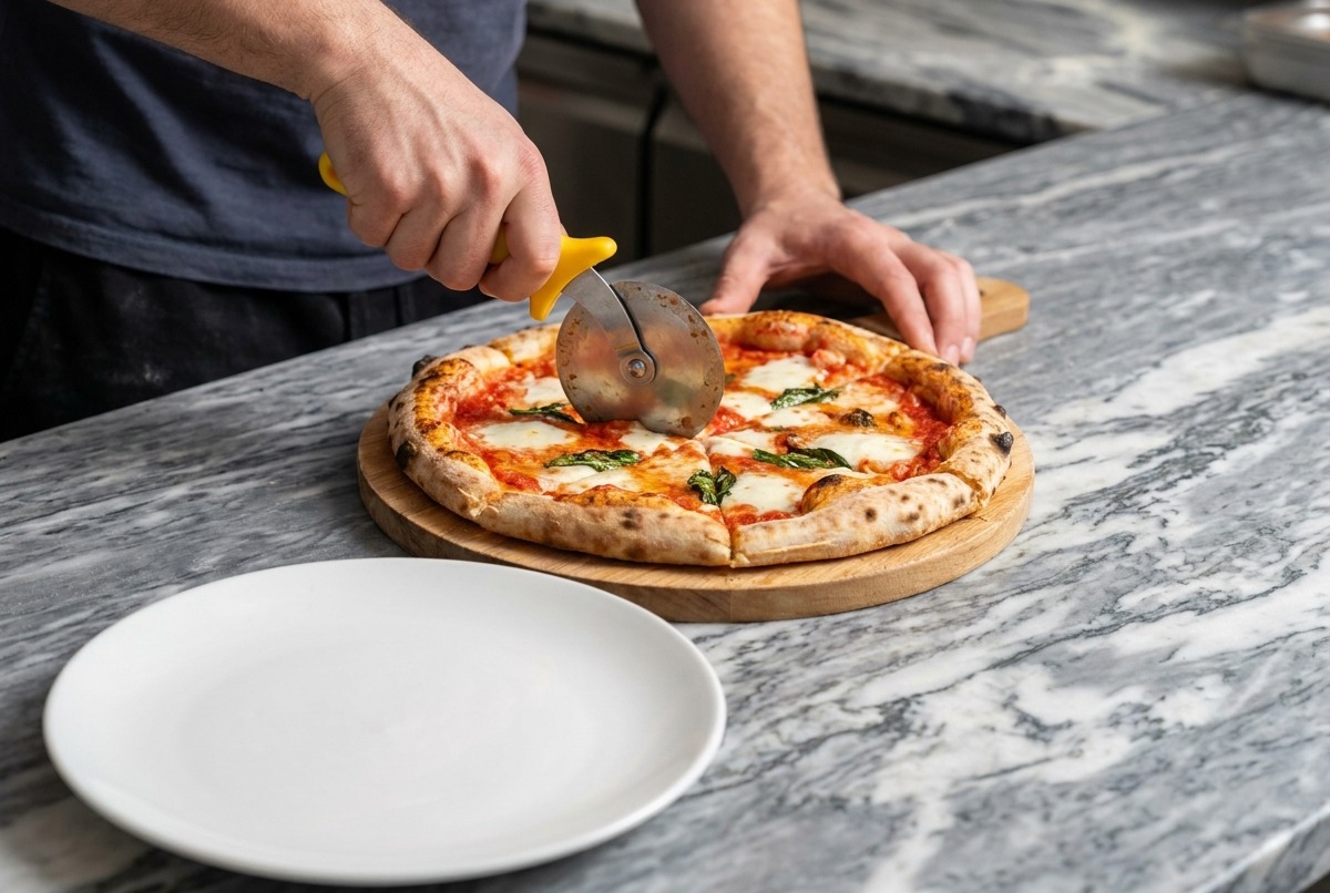 Una base de pizza cruda cubierta con trozos de mozzarella blanca y hojas de albahaca fresca.