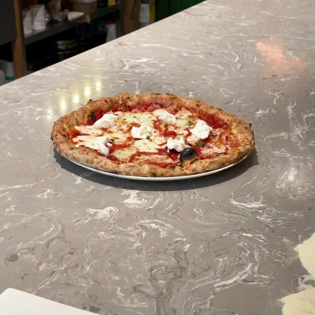 Mozzarella de búfala fresca despedazada a mano colocándose sobre una pizza recién horneada.