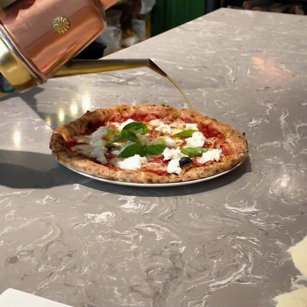 Un chorrito de aceite de oliva cayendo desde una aceitera de cobre sobre una pizza terminada con albahaca y mozzarella.