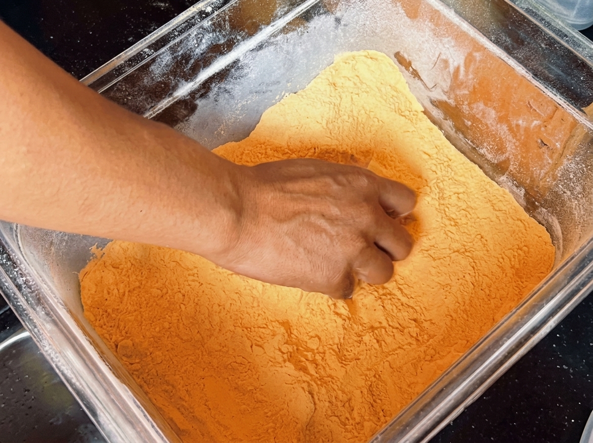 Masa de pizza siendo presionada sobre harina de maíz amarilla en un recipiente.