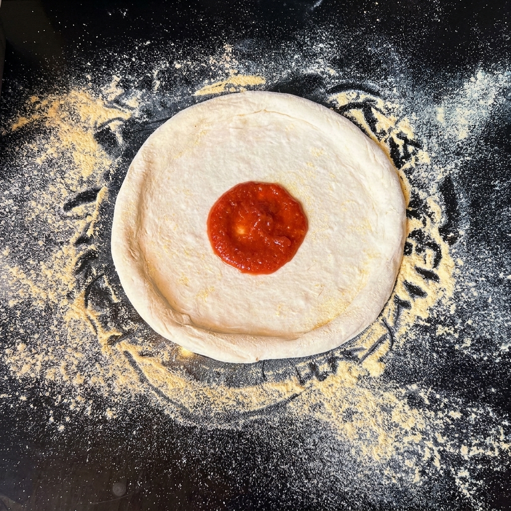 Masa de pizza circular estirada sobre una encimera negra con una cucharada generosa de salsa de tomate roja en el centro.