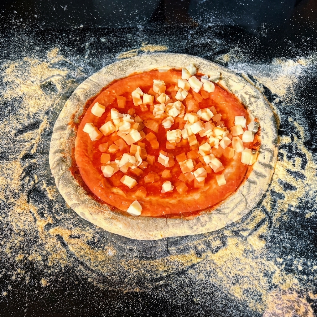 Masa de pizza cubierta con salsa de tomate y espolvoreada generosamente con cubitos de queso mozzarella blanco.