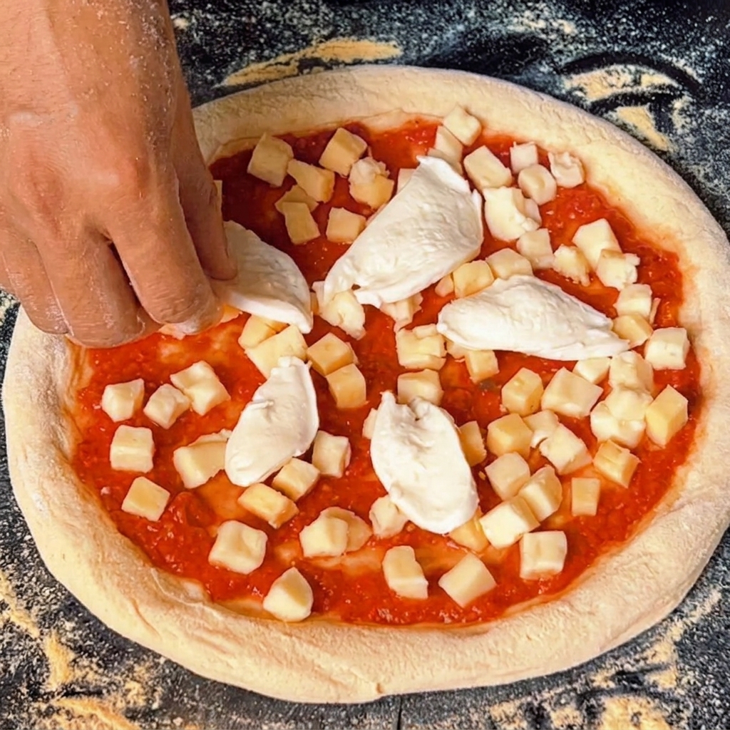 Una mano colocando trozos gruesos y rasgados de mozzarella de búfala fresca sobre una pizza preparada con salsa de tomate y queso en cubos.