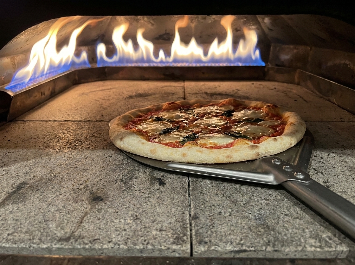 Una pizza Margarita horneándose dentro de un horno caliente cerca de las llamas.
