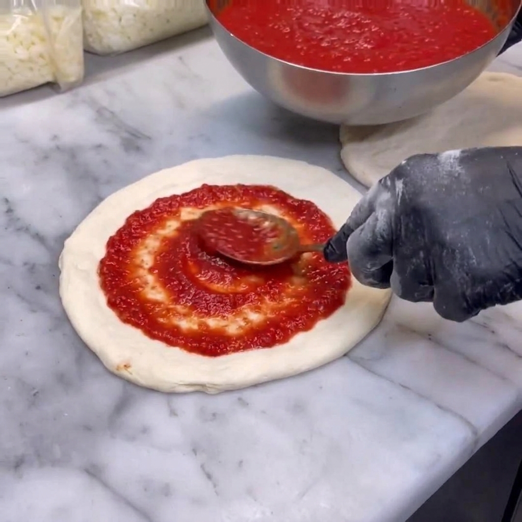 Una cucharada de vibrante salsa de tomate rojo siendo extendida uniformemente sobre una masa de pizza circular cruda en una superficie de mármol.