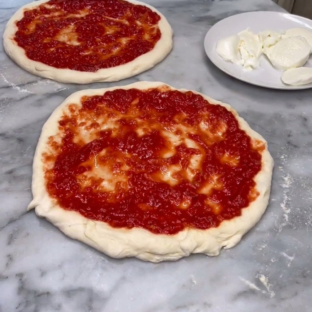 Queso Parmigiano finamente rallado siendo esparcido sobre dos bases de pizza con salsa de tomate.