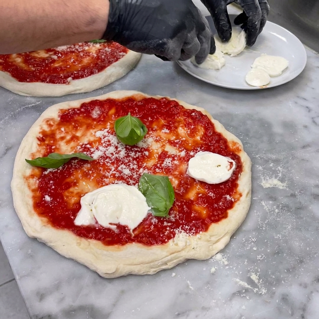 Rebanadas de mozzarella de búfala blanca siendo posicionadas cuidadosamente sobre una base de pizza preparada.