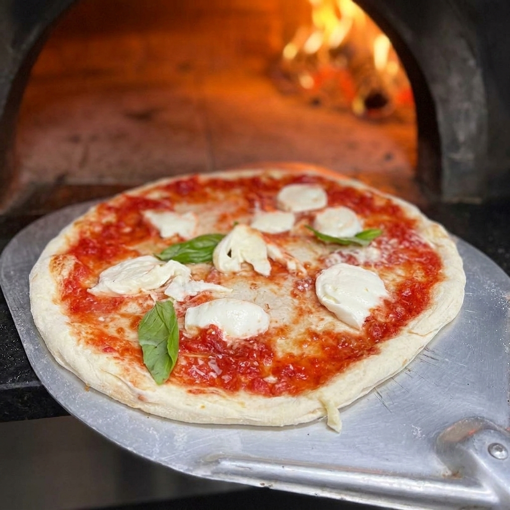 Una pizza Margarita recién montada siendo colocada en el interior de un horno de leña caliente usando una pala de metal larga.
