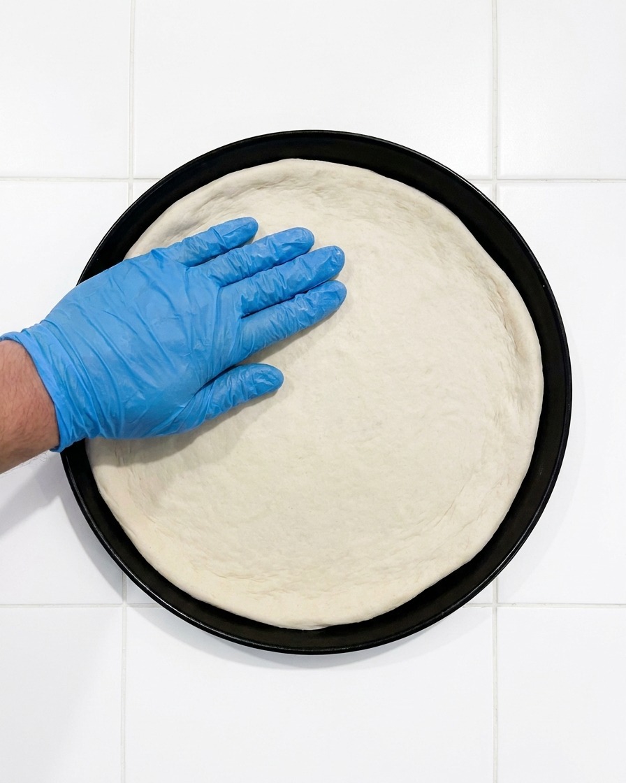 Masa de pizza colocada sobre una bandeja metálica redonda negra.
