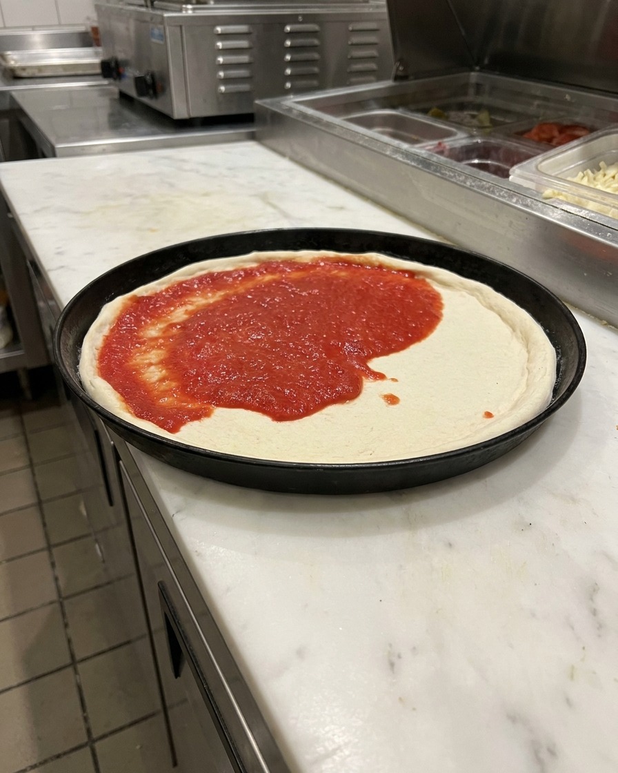 Una cucharada de salsa de tomate roja siendo extendida uniformemente sobre la masa.