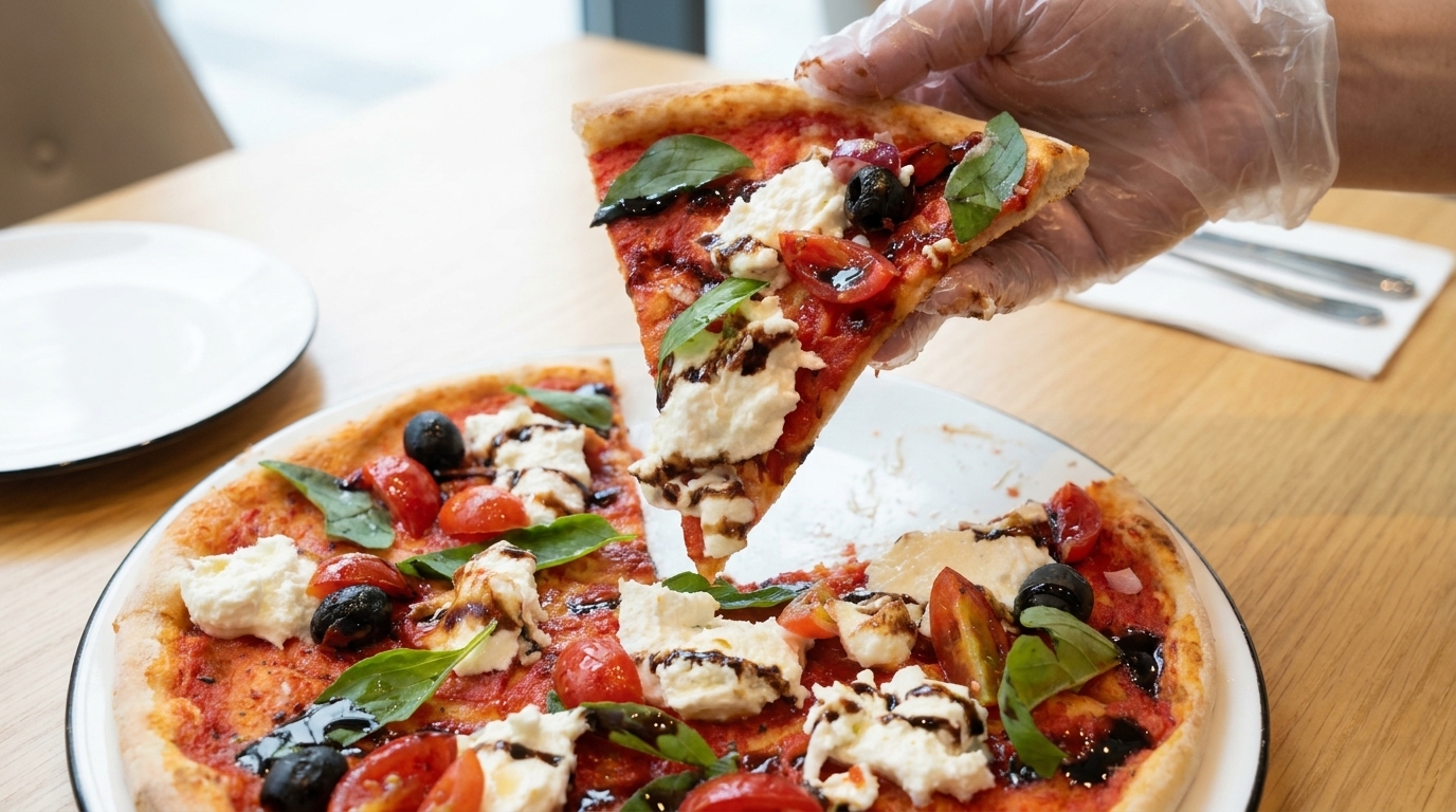Una porción de pizza recién horneada cubierta con cremosa mozzarella de búfala, tomates cherry y un chorrito de glaseado balsámico.
