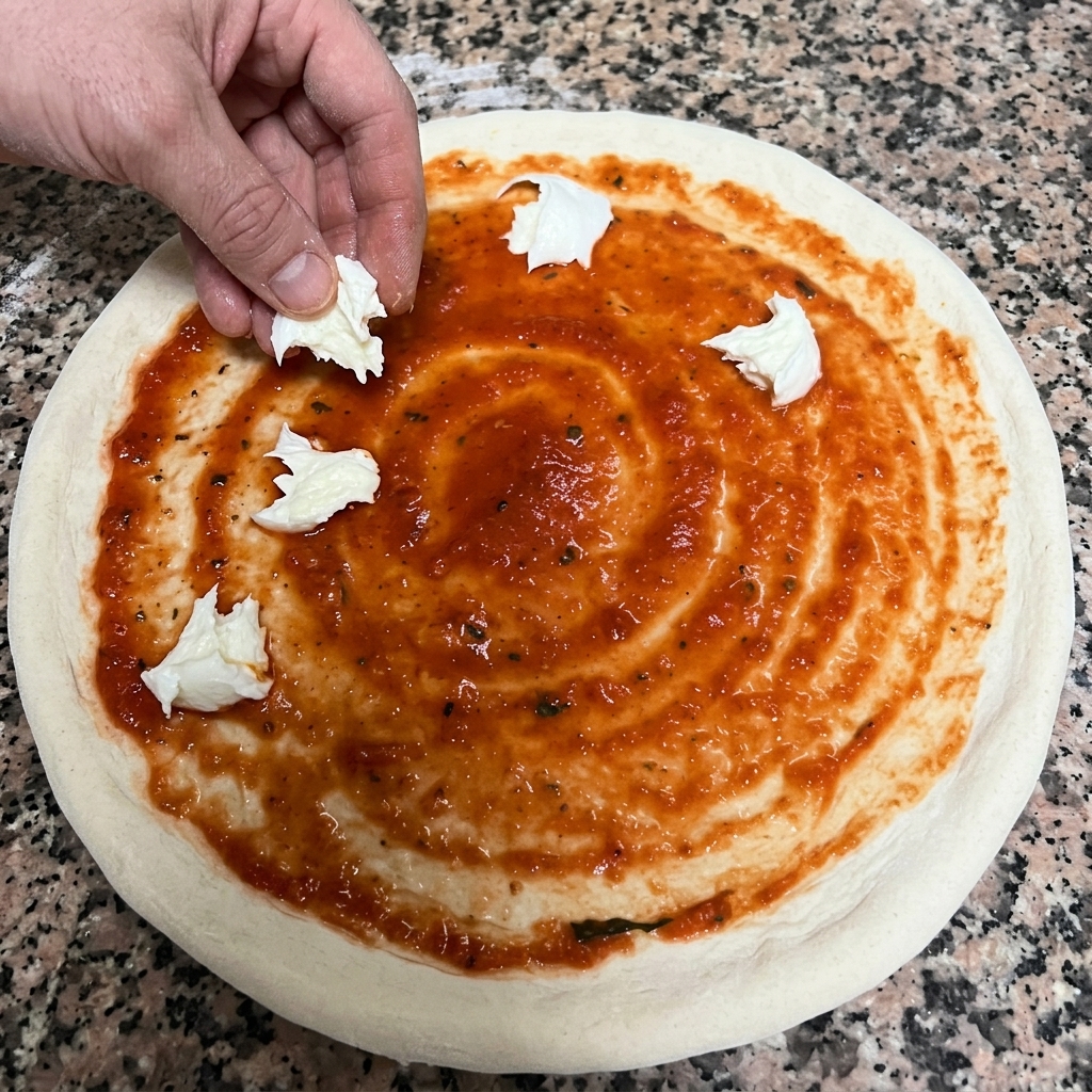 Mano colocando trozos de mozzarella de búfala fresca y blanca sobre la base de salsa de tomate.