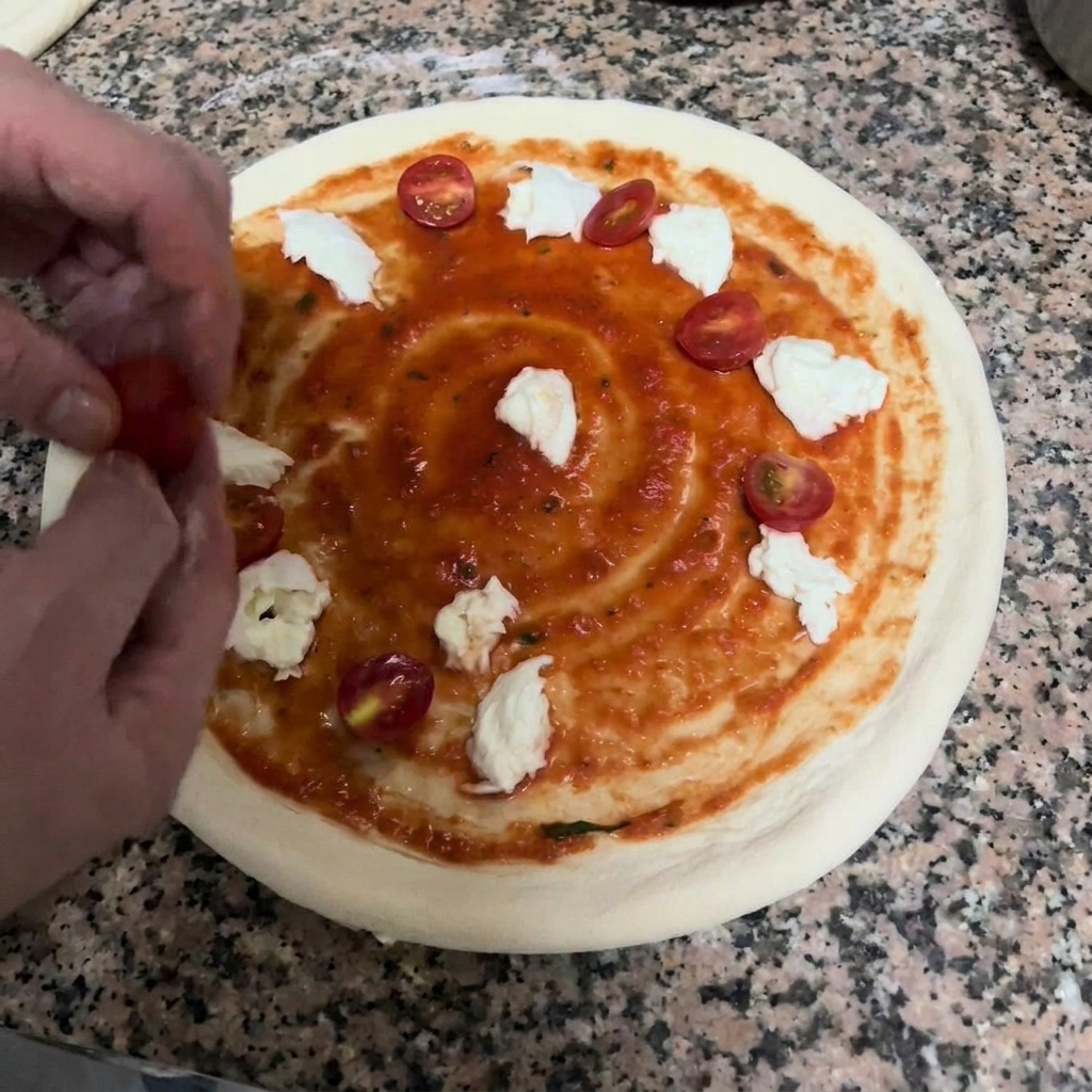 Manos colocando tomates cherry cortados por la mitad sobre una masa de pizza cubierta con salsa de tomate y mozzarella.