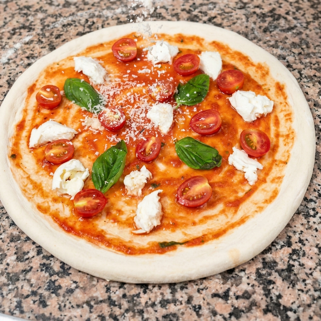 Queso parmesano rallado cayendo sobre una pizza montada con mozzarella, tomates cherry y hojas frescas de albahaca.