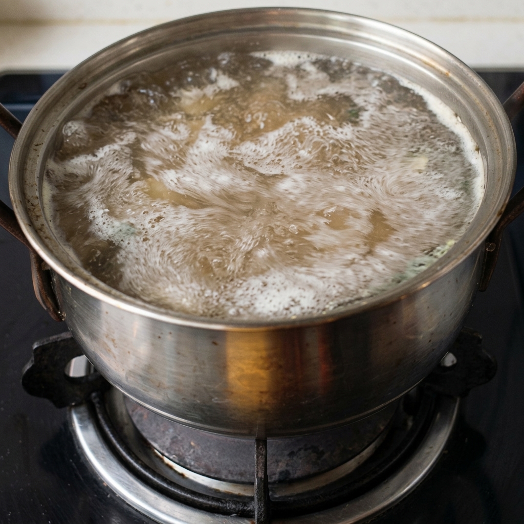 Agua hirviendo en una olla grande de acero inoxidable con verduras aromáticas.