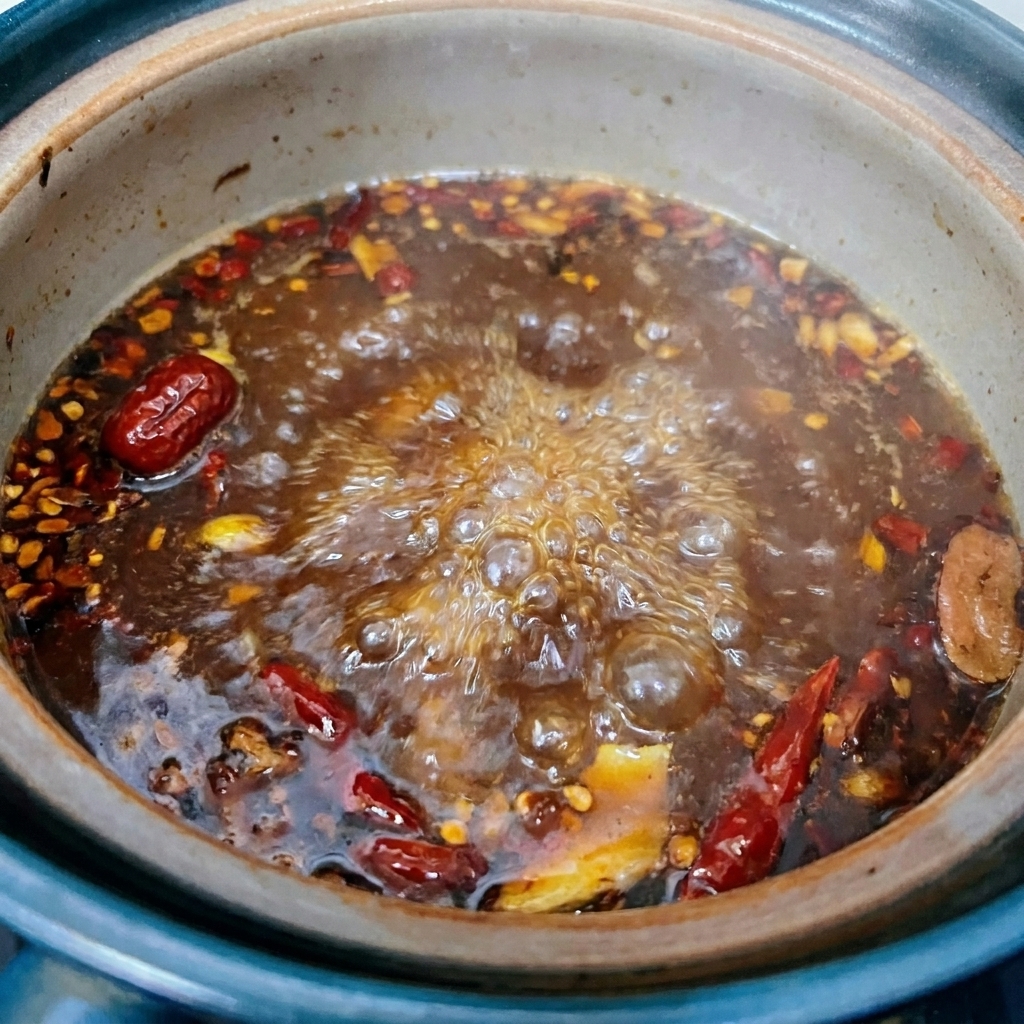 Un caldo oscuro hirviendo en una olla que contiene diversas especias y aromáticos, preparándose para la siguiente etapa.