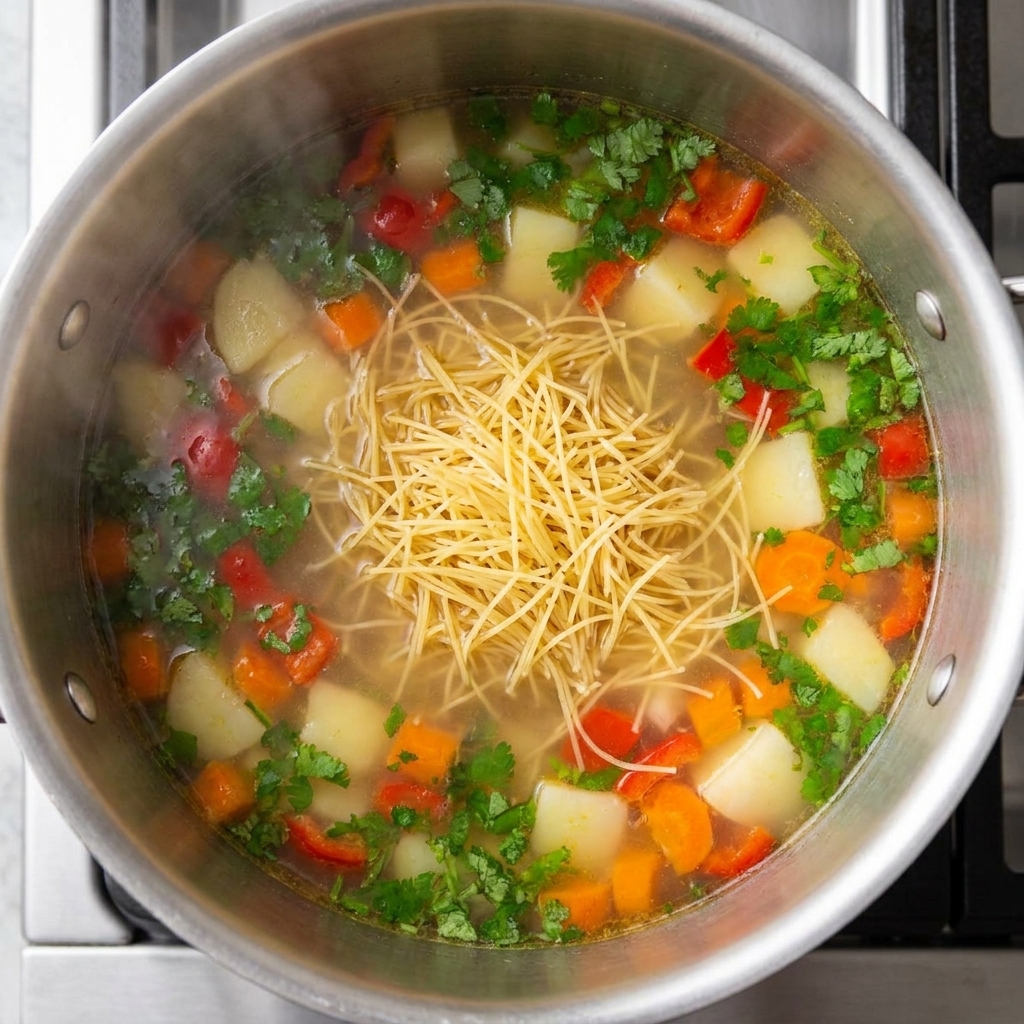 Fideos ramen hirviendo en una olla con verduras picadas y caldo.
